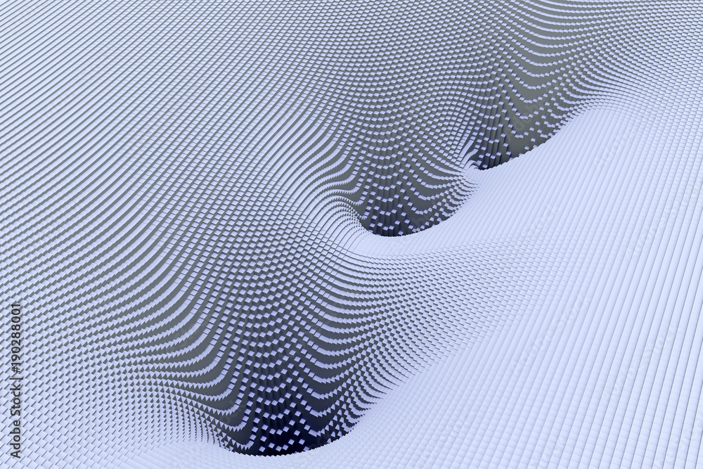3d-Illustration einer Landschaft von Potentialtrichtern, die aus Hunderten von länglichen Quadern mit quadratischer Grundfläche besteht

