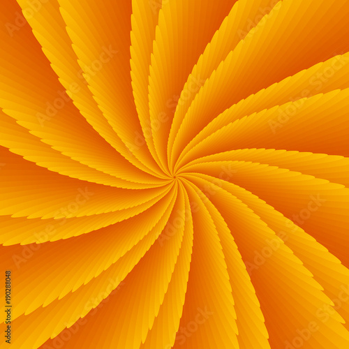 Abstract orange twisted optical illusion, creative vector spiral symmetric background with gradient petals and slices