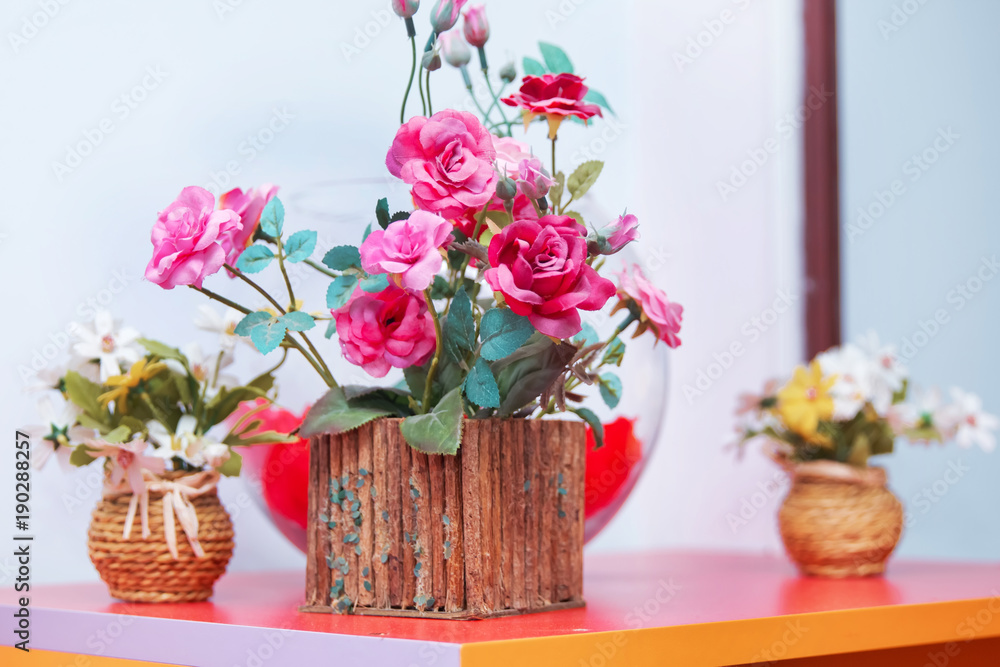 Wooden Flower pots and red gold roses . Beautiful pink ranunculus wooden plant in pot on white background