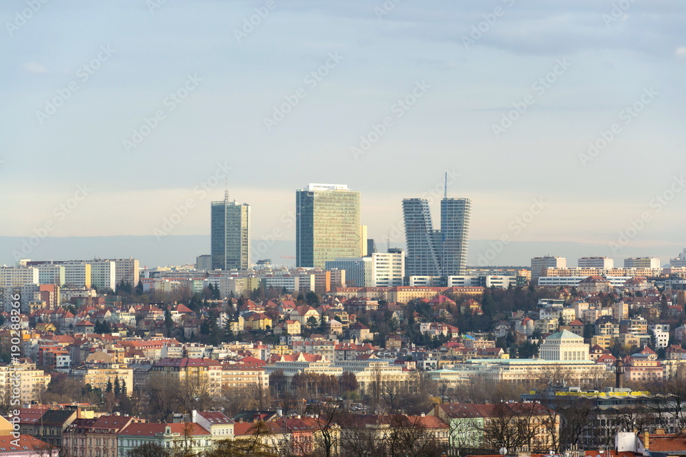 Panoramic view of the Pankrac district with Prague tallest buildings City Tower, City Empiria and V Tower seen from Smichov Mrazovka park in Prague, Czech Republic