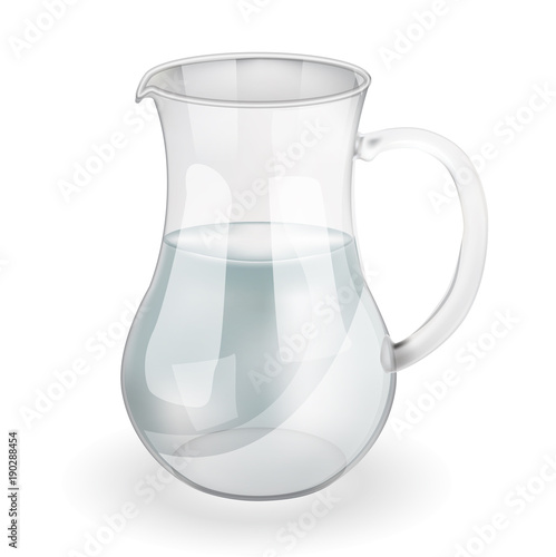 Transparent pitcher with clean water isolated on white background. Vector realistic object
