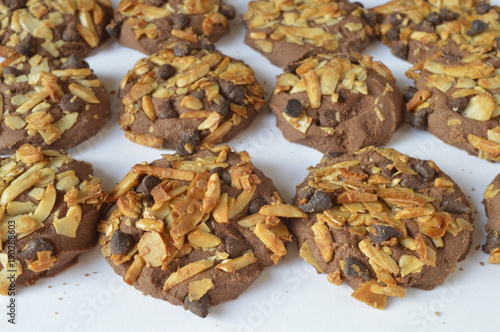 Homemade shortbread cacao cookies with almonds and pieces of chocolate