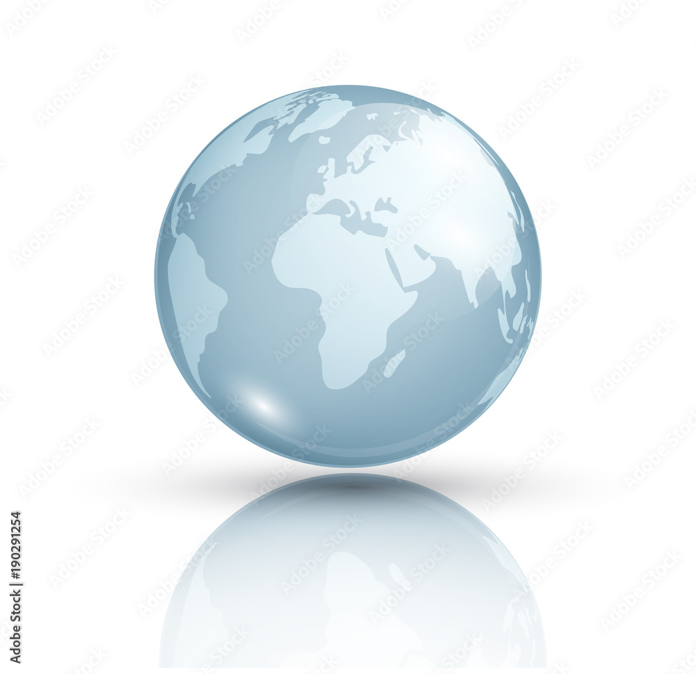 Blue planet isolated on white background. Planet Earth. Cosmic body. The terrestrial sphere. Astronomy. Globe. Glass globe with world map. Vector background
