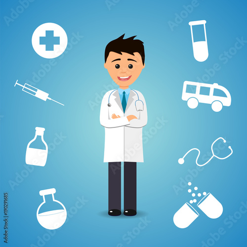 Vector illustration, smiling doctor isolated on blue background and set of medical icons around  