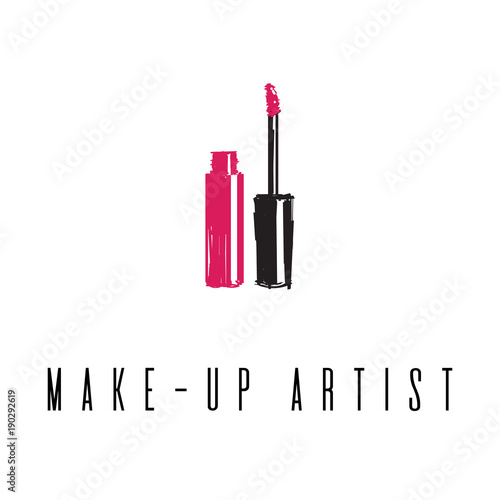Beauty studio concept. Makeup artist fashion logo design. Lettering illustration. Lip gloss and lipstick icon