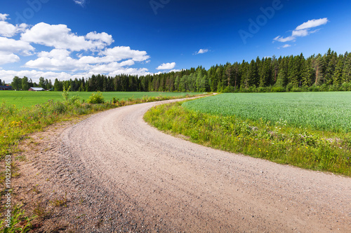 Turning rural road goes near green field