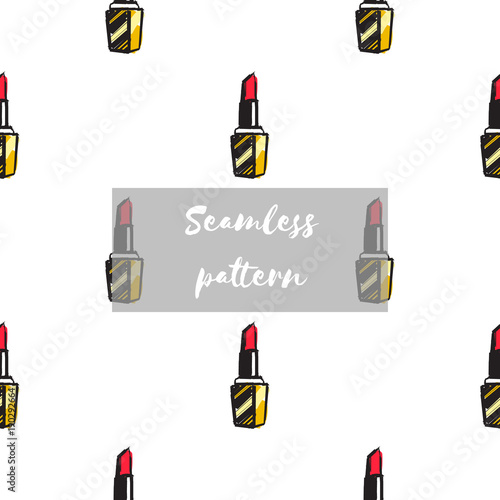 Professional makeup artist background. Vector seamless pattern with lipstick, makeup lipstick, red lips mouth. Hand drawn fashion art illustration in fashion style.