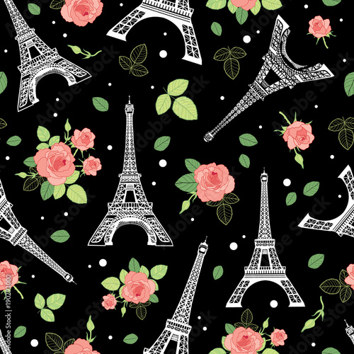 Vector Black Pink Eifel Tower Paris and Roses Flowers Seamless Repeat Pattern Surrounded By St Valentines Day Hearts Of Love. Perfect for travel themed postcards, greeting cards, wedding invitations.