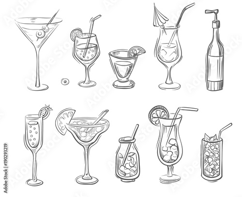 Vector hand drawn set of cocktails and alcoholic drinks in bottles and glasses. Doodle style.