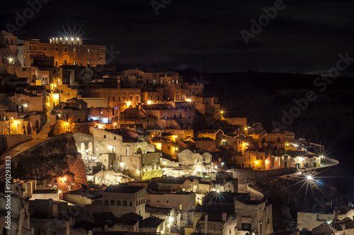 night detail of the hillside with the Matera's Stones in foreground. Italy