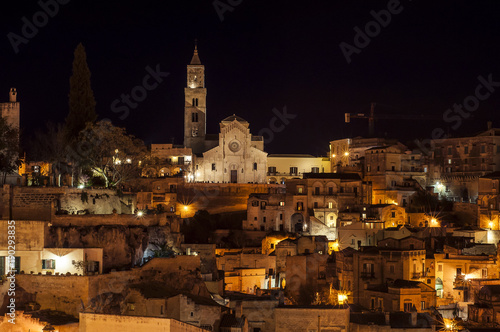 panorama of Matera's Stones with the sanctuary in the background.Italy