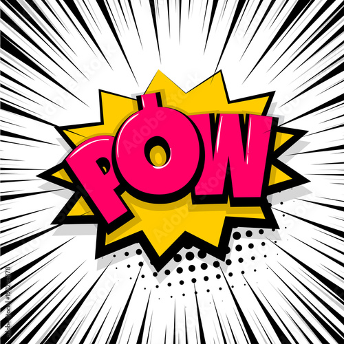 Pow gun bang shot. Comic text speech bubble balloon. Pop art style wow banner message. Comics book font sound phrase template. Halftone strip vector illustration funny colored design.