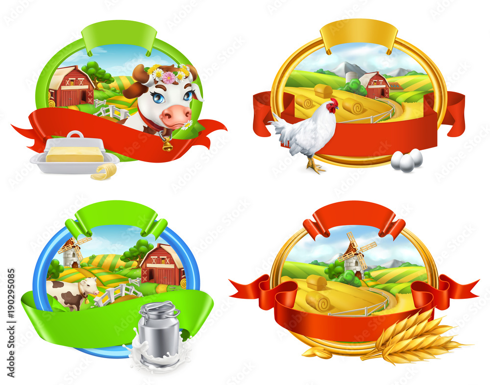 Farm. Label set. Cow and milk, butter, chicken and eggs, bread and pasta.  3d vector for packing Stock Vector | Adobe Stock