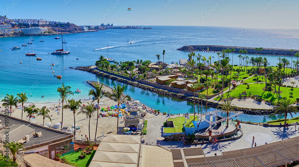 Fototapeta premium Anfi beach with palm trees and turquoise bay