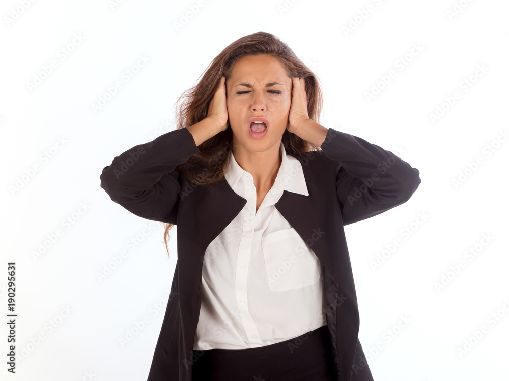 Beautiful business woman with the hands on her ears. Square size banner with copy space. Beautiful business woman with the hands on her ears. Square size banner with copy space.