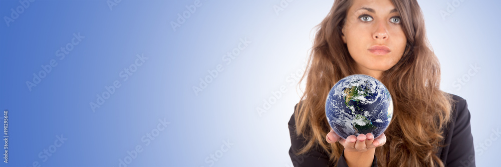 Pensive businesswoman with a big planet Earth; original texture, isolated on white Pensive businesswoman with a big planet Earth; original texture, isolated on white