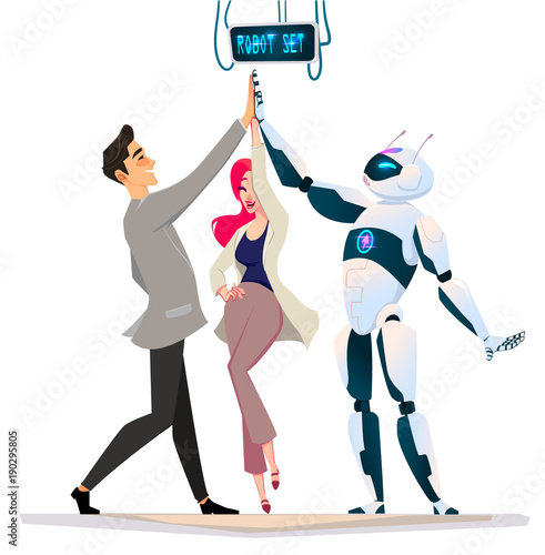 Business characters in different situation. Teamwork work with tobor. Cyber man in office life. Business process