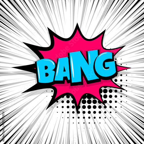 bang, boom, gun Comic text speech bubble balloon. Pop art style wow banner message. Comics book font sound phrase template. Halftone strip vector illustration funny colored design.
