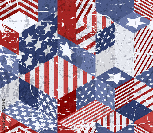 Vector seamless watercolor USA flag pattern. 3d isometric cubes background in american flag colors with grunge removable texture. Geometric patchwork illustration.