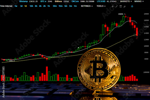 Golden Bitcoin coin and focused chart on dark background. concept of Virtual cryptocurrency. photo