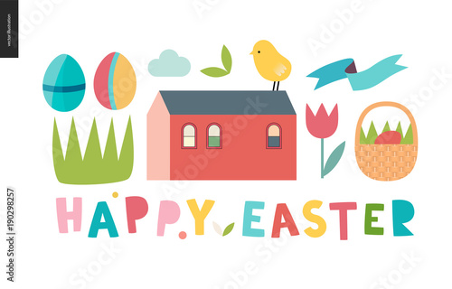 Happy easter lettering surrounded with traditional elements - eggs, chicken, basket, tulip, grass, house and ribbon