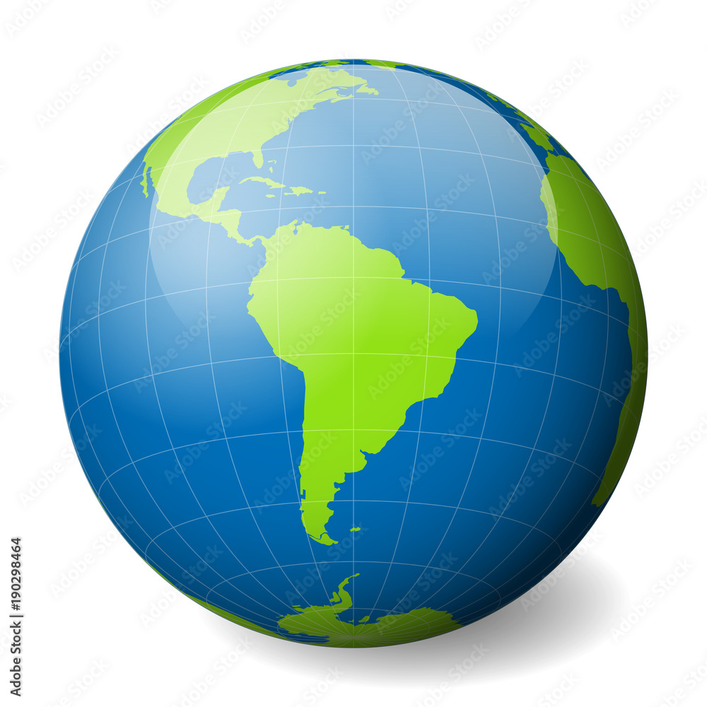 Earth globe with green world map and blue seas and oceans focused on South America. With thin white meridians and parallels. 3D glossy sphere vector illustration. Earth globe with green world map and blue seas and oceans focused on South America. With thin white meridians and parallels. 3D glossy sphere vector illustration.