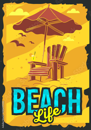 Beach Summer Poster Design With Beach Lounge Deck Chair Sunbed Beach Umbrella And A Glass Of Beverage Illustrations.