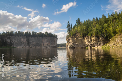 Virgin Komi forests, scenic cliffs on the taiga river Shchugor.