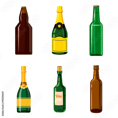 Alcohol bottle icon set, cartoon style photo