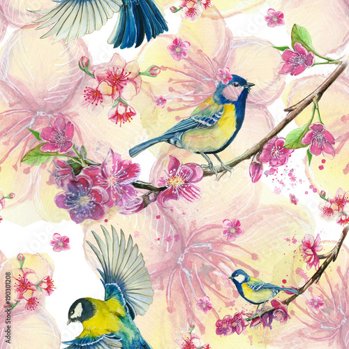 Fototapeta Naklejka Na Ścianę i Meble -  watercolor drawing seamless pattern on the theme of spring, heat, illustration of a bird of a troop of passerine-shaped large tits flying, with open wings, feathers, with yellow breast and blue plumag