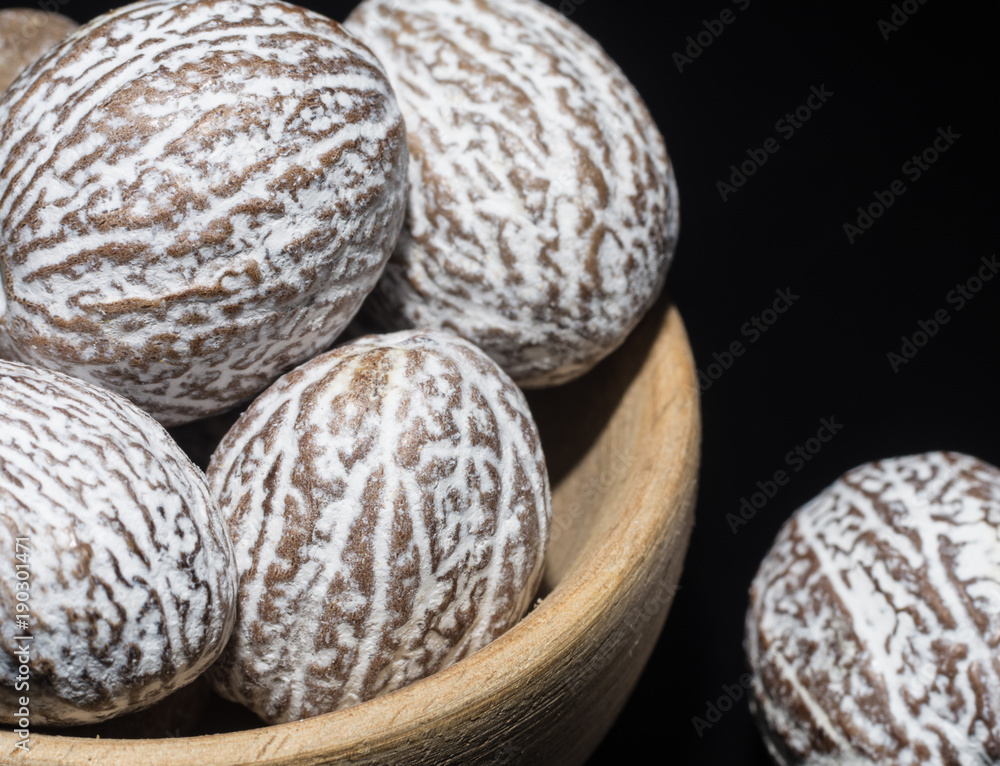 Macro collection, dried muscat nutmeg close up Macro collection, dried muscat nutmeg close up