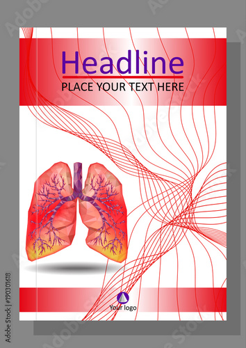 Cover template for books, banner, journal. Sick human realistic lungs and trachea in low poly. Line waves. Inflammation around both lungs.  Vector.