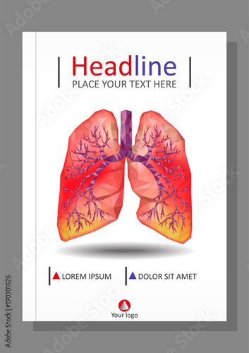 Cover template for books, banner, journal. Sick human realistic lungs and trachea in low poly. Pleurisy, an inflammation around both lungs.  Vector.