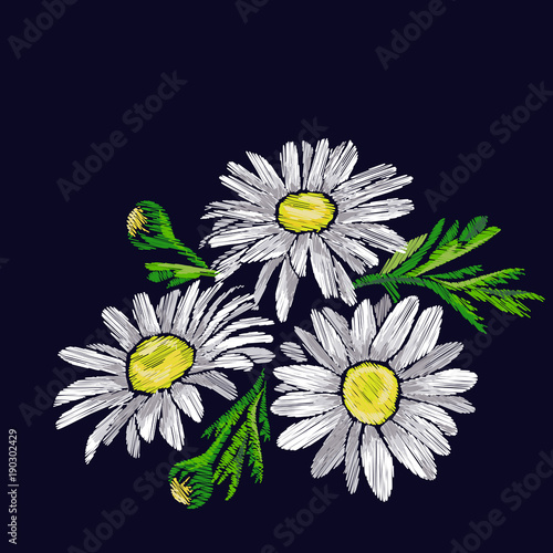 Chamomiles embroidery vector illustration. Beautiful white chamomiles with leaves,  on dark background. Template for clothes, textiles, t-shirt design