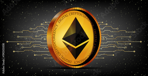 Ethereum golden coin space futuristic background. Modern dark design with lines in action.  Vector.