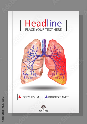 Cover template for books, banner, journal. Sick human realistic lungs and trachea in low poly. Pleurisy, an inflammation around one lung.   Vector.
