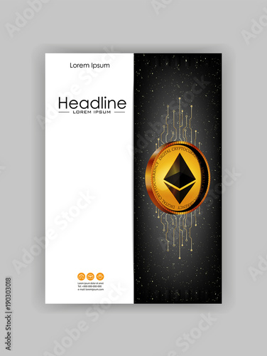 Cover design ethereum golden coin space futuristic background. Modern dark design with lines in action. Good for book cover, banner, report, flyer, web, page, magazine. Vector.
