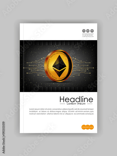 Cover design ethereum golden coin space futuristic background. Modern dark design with lines in action. Good for book cover, banner, report, flyer, web, page, magazine. Vector.