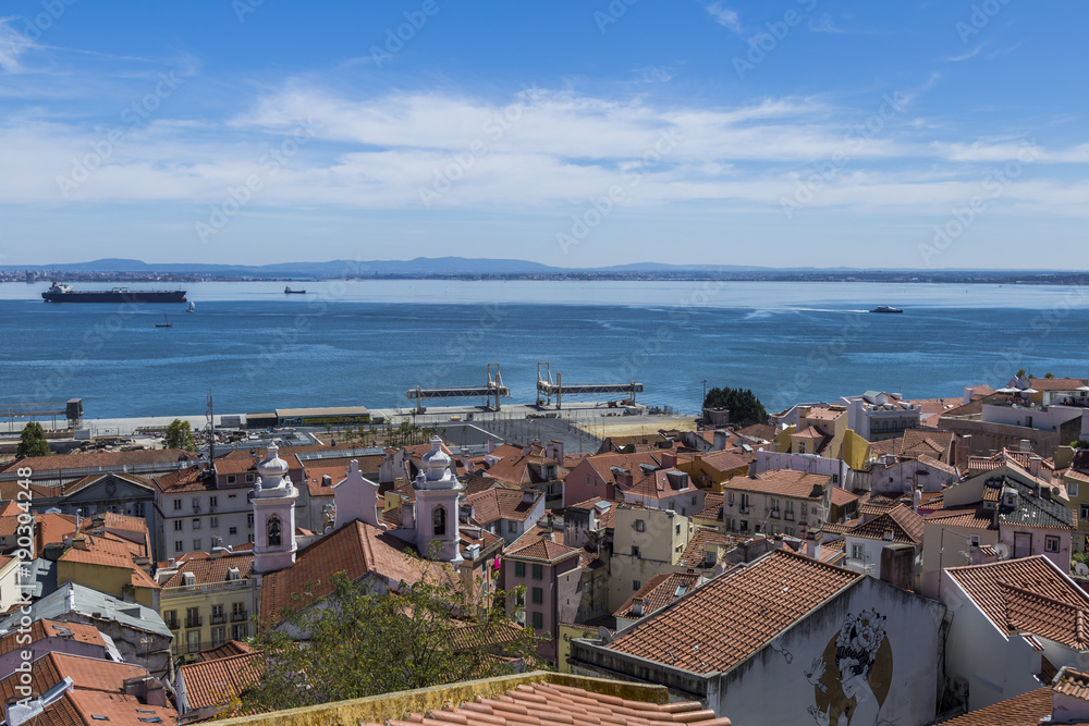 High point of view of river Tejo from Alfama, Lisbon, Portugal