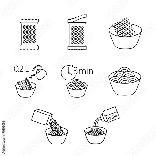cooking instant noodle set line on white background