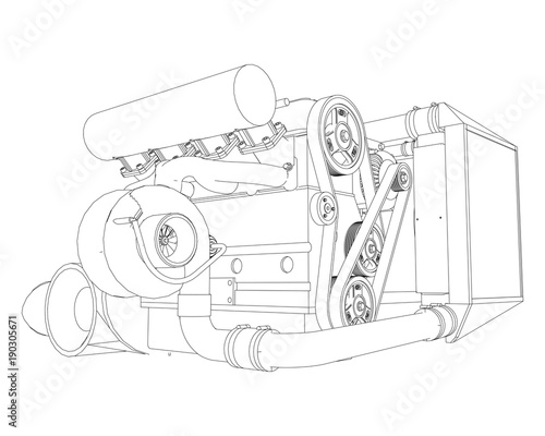 A turbocharged four-cylinder, high-performance engine for a sports car. Vector black and white illustration with a stroke of contours of details.