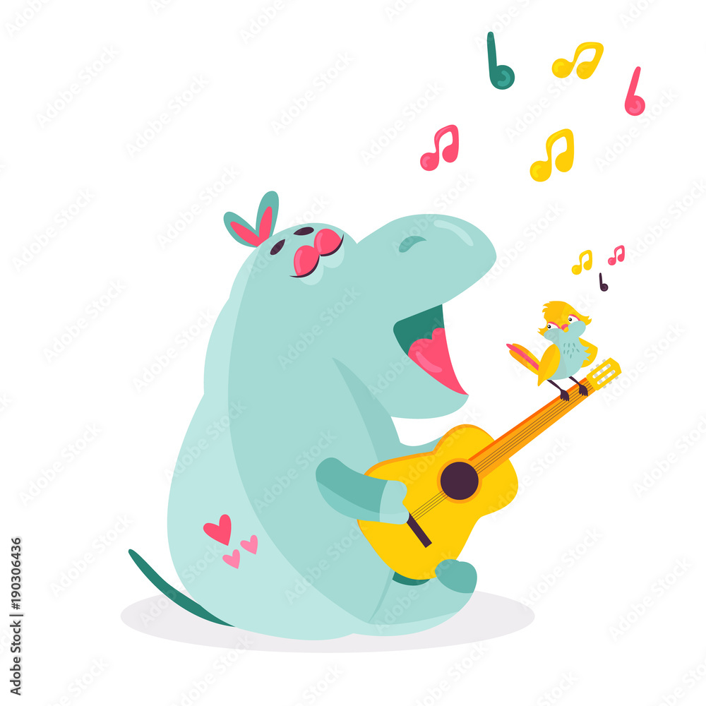Vector image of a funny hippo playing ukulele Vector image of a funny hippo playing ukulele