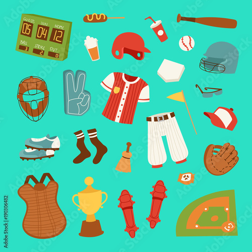 Vector cartoon baseball game player clothes uniform ball, glove and object baseball icons game team symbol softball play sport game design sport equipment illustration