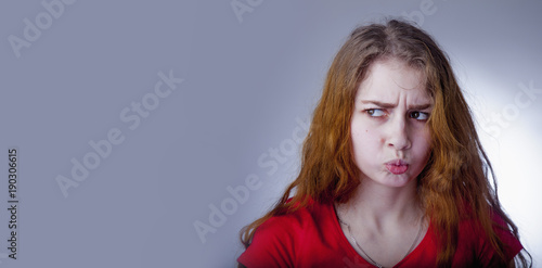 Portrait of a conceived young wwoman as a symbol of search of problem solvin.