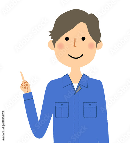 作業服の男性 指をさす