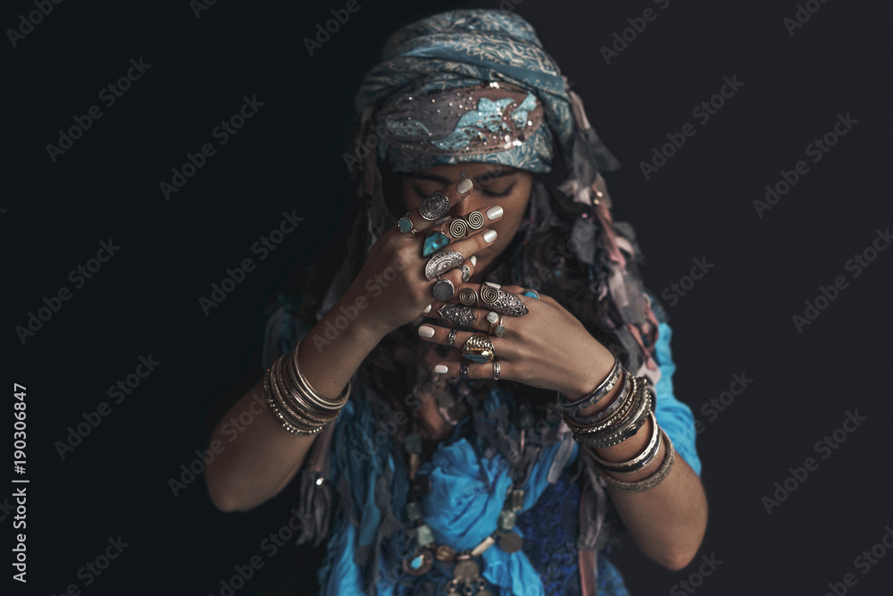 gypsy style young woman wearing tribal jewellery portrait - obrazy, fototapety, plakaty 