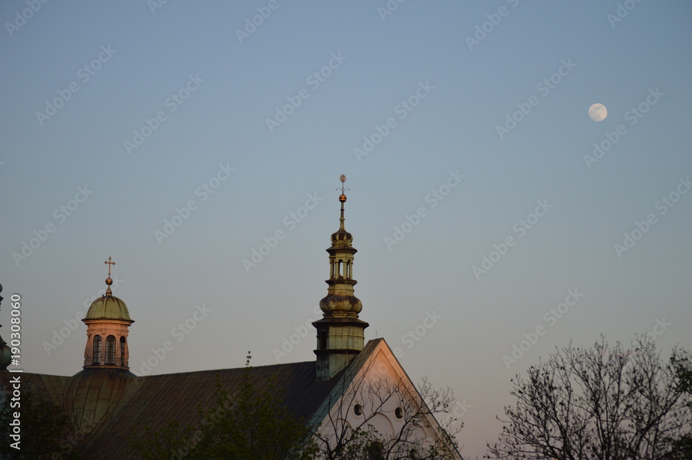 Church During Sunset with Moon