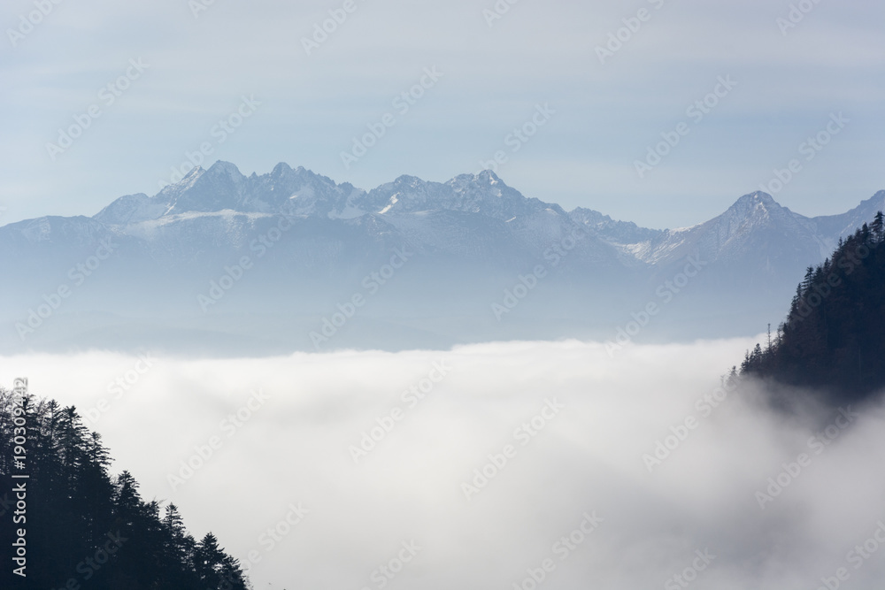 Morning mist in Pieniny mountains in Poland