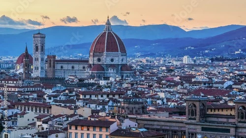 Time-lapse Aerial panoramic Cityscape view of Florence at sunset, Italy