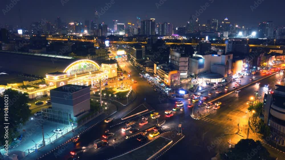 Bangkok night cityscape. Aerial view to Bangkok Hua Lamphong Railway Station with skyline. Bangkok night cityscape. Aerial view to Bangkok Hua Lamphong Railway Station with skyline.